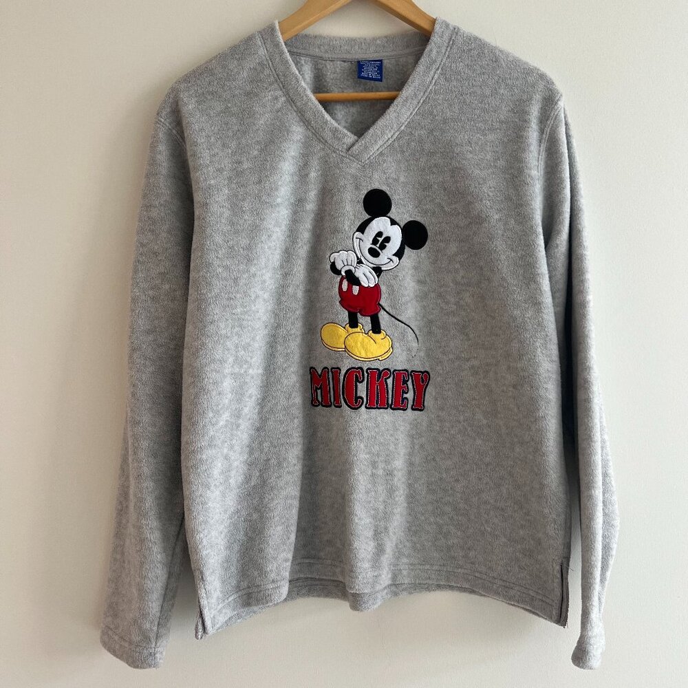 Vintage 90s Mickey Mouse Fleece Pullover Sweatshirt Disney Y2K Graphic V Neck L